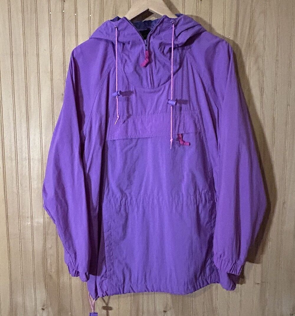 Women's 90’s Eddie Bauer Purple 1/4 Zip Hooded Anorak Rain Jacket Large